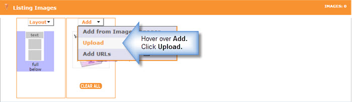 In Listing Images, hover over Add and click on Upload.