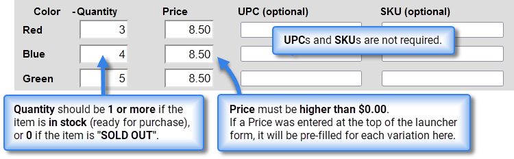 IMAGE: The variations table, with data entered. Quantity should be 1 or more if for items in stock, or 0 for items sold out. Price must be more than 0. UPC and SKU are not required.